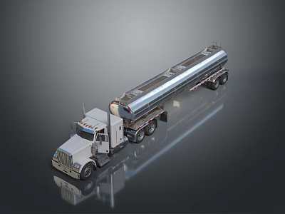 Silver Tanker Truck With Long Cylindrical Tank And Multiple Wheels Modern Design On Reflective Surface 3d model
