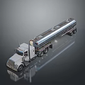 Silver Tanker Truck With Long Cylindrical Tank And Multiple Wheels Modern Design On Reflective Surface