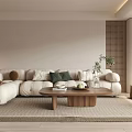 Modern Natural Living Room Interior With Sofa Wooden Coffee Table Rattan Chair And Slatted Wall