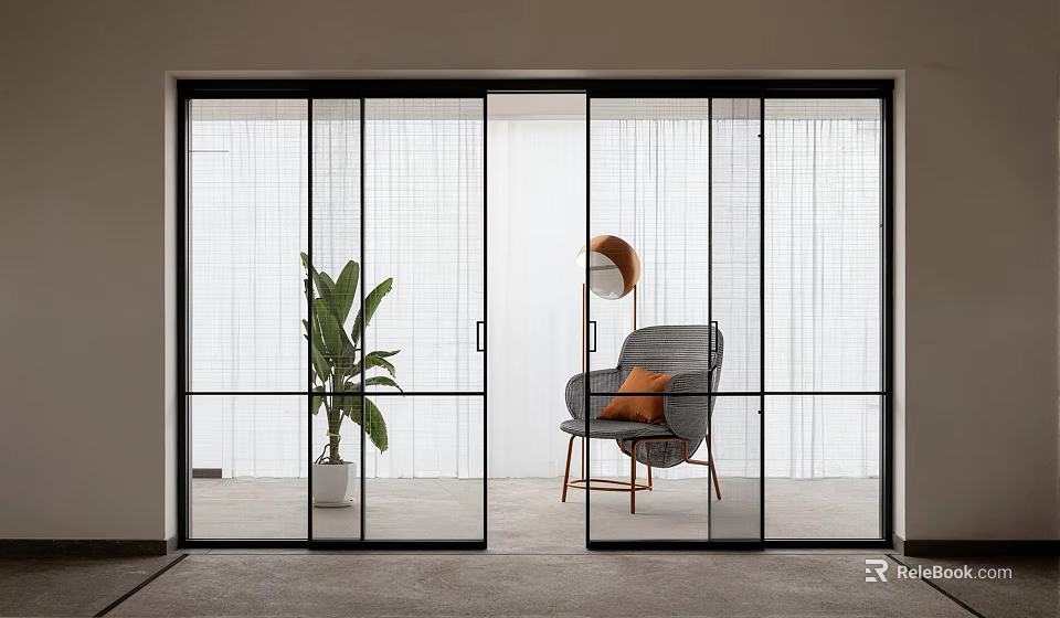 Modern Sliding Glass Doors Black Frame Interior With Gray Chair Green Plant White Curtains 3d model 