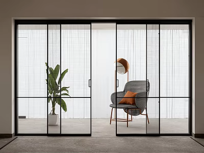 Modern Sliding Glass Doors Black Frame Interior With Gray Chair Green Plant White Curtains 3d model