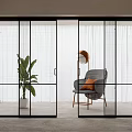 Modern Sliding Glass Doors Black Frame Interior With Gray Chair Green Plant White Curtains