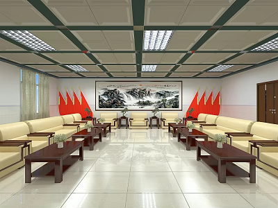 Hotel Public Lounge Area With Beige Sofas Dark Coffee Tables Red Flags And Landscape Painting 3d model