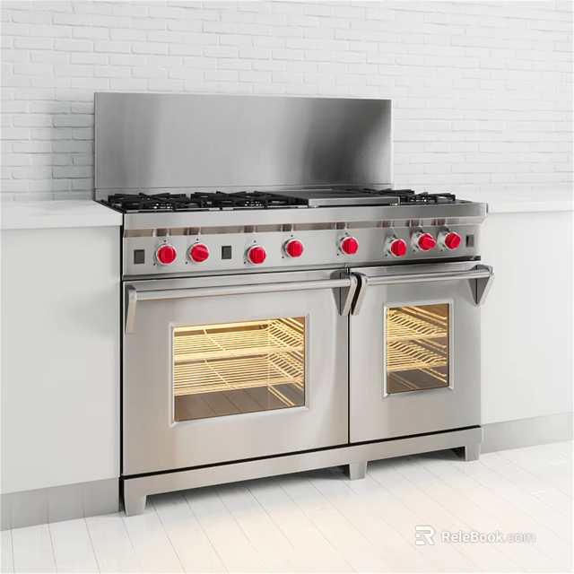 Stainless Steel Double Oven Gas Range With Red Knobs And Glass Doors In Modern Kitchen 3d model 