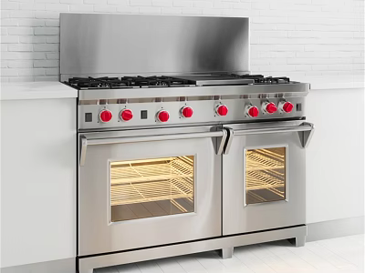 Stainless Steel Double Oven Gas Range With Red Knobs And Glass Doors In Modern Kitchen 3d model