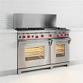 Stainless Steel Double Oven Gas Range With Red Knobs And Glass Doors In Modern Kitchen