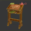 Wooden Reading Table with Scroll Candle and Green Book on Top