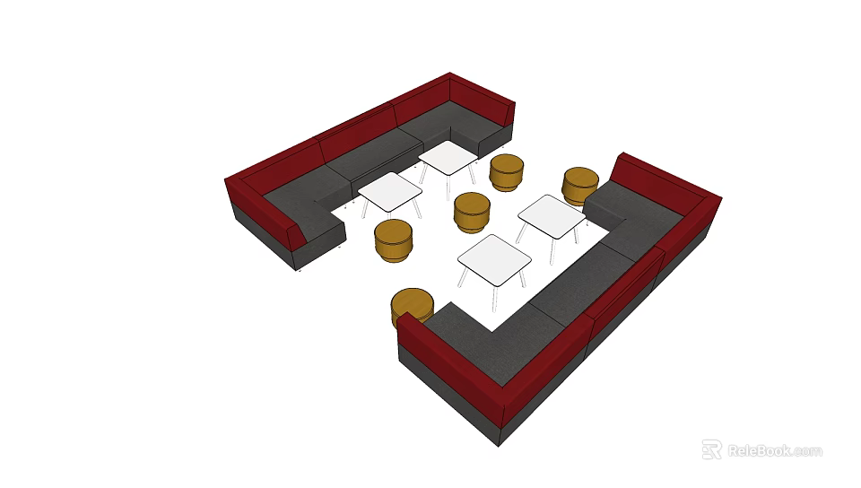 Public Chairs In Modular Red Gray Design With Round Stools And White Tables 3d model 