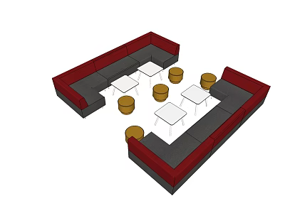 Public Chairs In Modular Red Gray Design With Round Stools And White Tables 3d model