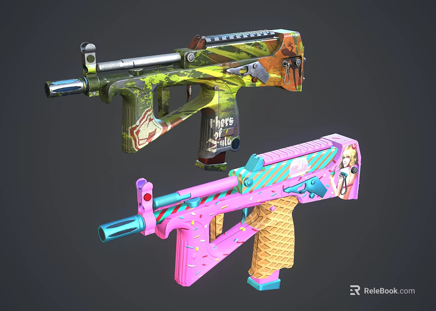 Colorful Decorated Paintball Guns Featuring Camouflage And Pink Ice Cream Art Designs 3d model 