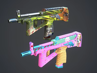 Colorful Decorated Paintball Guns Featuring Camouflage And Pink Ice Cream Art Designs 3d model
