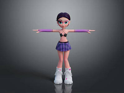 Cartoon Girl Character With Purple Hair Green Eyes Purple Plaid Skirt White Sneakers Arms Outstretched 3d model