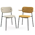 Modern Minimalist Dining Chairs Beige Yellow Fabric Upholstered with Black Metal Legs and Armrest Design