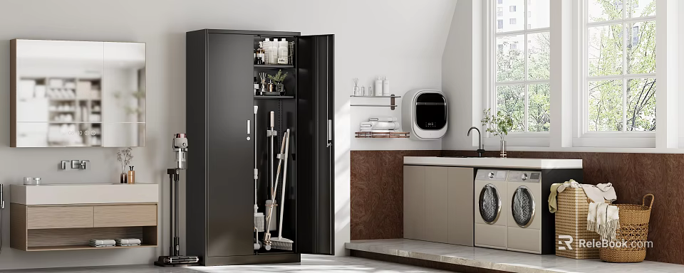 Modern Bathroom Interior With Open Black Storage Cabinet Cleaning Tools And Washing Machine 3d model 
