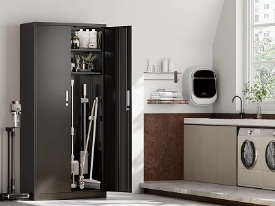 Modern Bathroom Interior With Open Black Storage Cabinet Cleaning Tools And Washing Machine 3d model