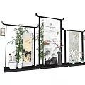 Traditional Chinese Screen Display With Calligraphy Landscape Painting And Bamboo Decorations