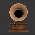 Vintage Copper Horn Speakers With Wooden Bases Arranged On Dark Reflective Surface