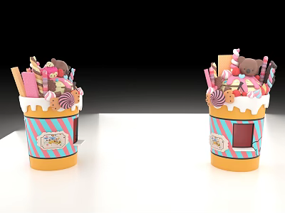 Colorful Striped Dessert Cups With Yellow Base Filled Assorted Candies Cream And Bear Decorations 3d model