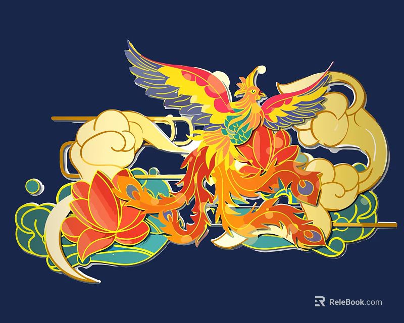 Colorful Traditional Phoenix Carving With Clouds And Lotus Flowers Art 3d model 
