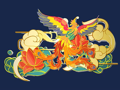 Colorful Traditional Phoenix Carving With Clouds And Lotus Flowers Art 3d model
