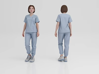 Woman Wearing Light Blue Scrub Suit Front and Back Views with Gray Shoes White Background 3d model