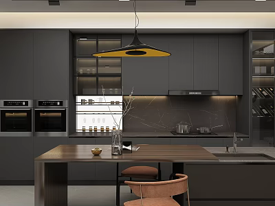 Modern Kitchen Interior Design With Gray Cabinets Yellow Pendant Light Wooden Island And Appliances 3d model