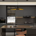 Modern Kitchen Interior Design With Gray Cabinets Yellow Pendant Light Wooden Island And Appliances