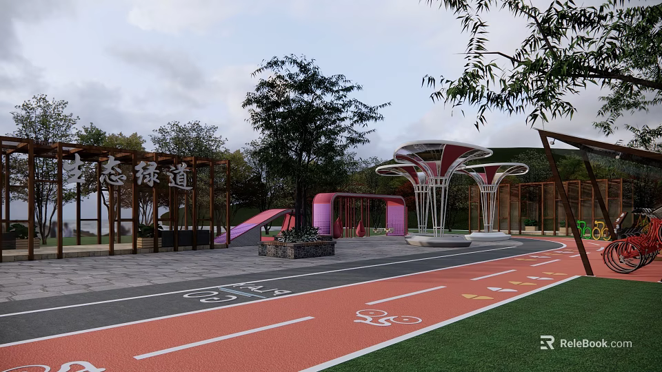 Scenic Park Landscape with Greenway Trees Pink Slide Red Pavilions Bicycle Lane and Walking Path 3d model 