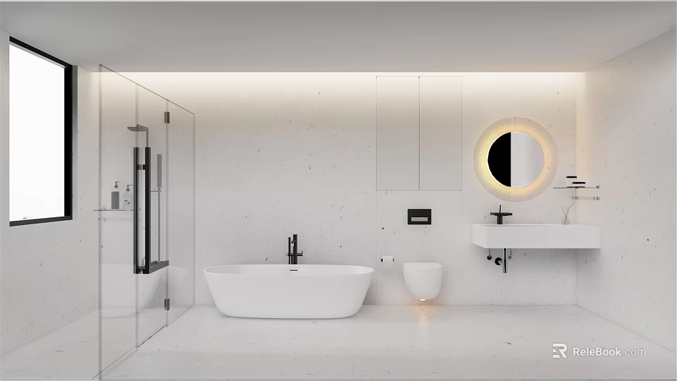 Modern Minimalist Bathroom Interior With White Bathtub Round Mirror And Glass Shower 3d model 