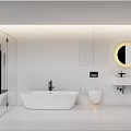 Modern Minimalist Bathroom Interior With White Bathtub Round Mirror And Glass Shower