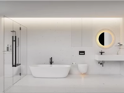 Modern Minimalist Bathroom Interior With White Bathtub Round Mirror And Glass Shower 3d model