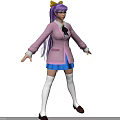 Game Movie Character With Purple Hair Glasses Pink Coat Blue Skirt White Stockings