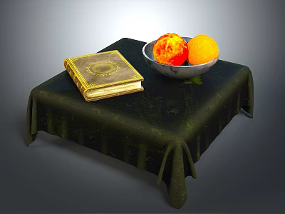 Green Tablecloth Covered Table With Golden Book Fruit Bowl For Home Living 3d model
