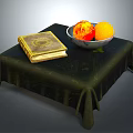 Green Tablecloth Covered Table With Golden Book Fruit Bowl For Home Living