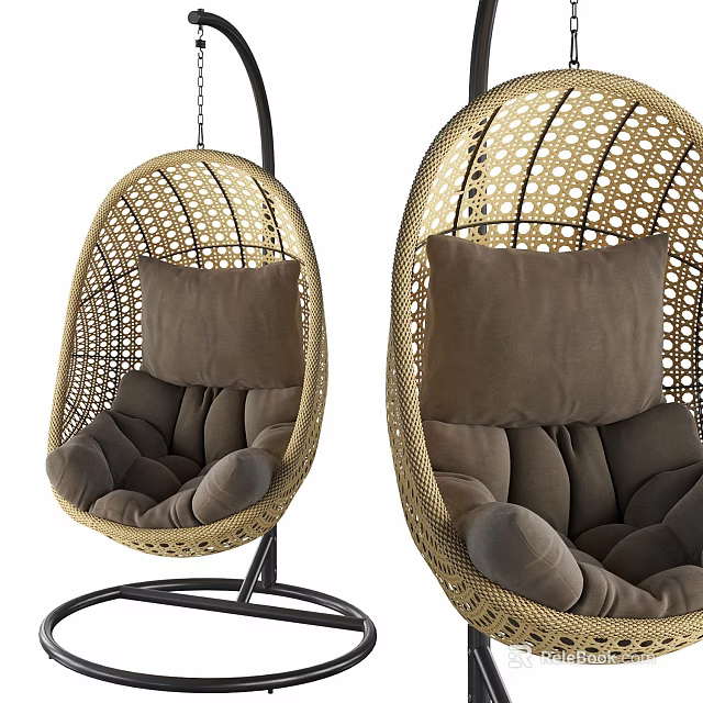 Cozy Rattan Woven Hanging Leisure Chair With Brown Comfortable Cushions 3d model 
