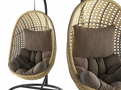 Cozy Rattan Woven Hanging Leisure Chair With Brown Comfortable Cushions 3d model