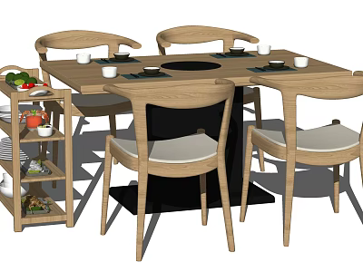 Wooden Dining Table Set With Four Chairs And Side Cart For Home Dining 3d model