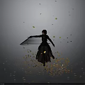 Woman In Black Outfit Holding Black Shield With Falling Yellow Orange Leaves On Gray Background