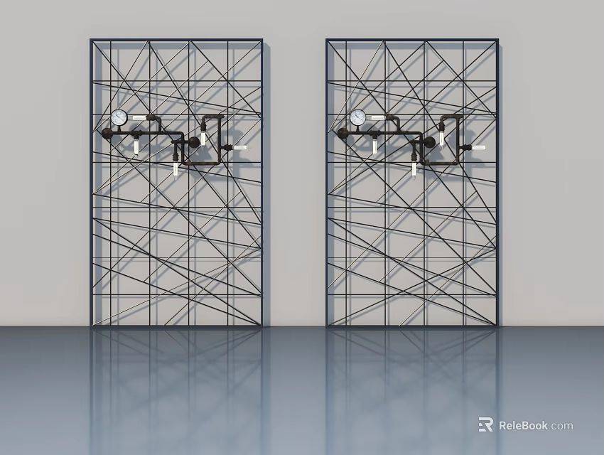 Two Modern Hinged Doors With Grid Metal Frame And Interior Setting 3d model