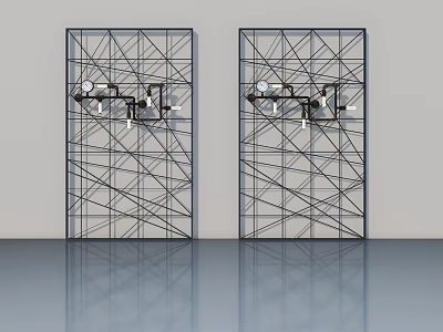 Two Modern Hinged Doors With Grid Metal Frame And Interior Setting 3d model