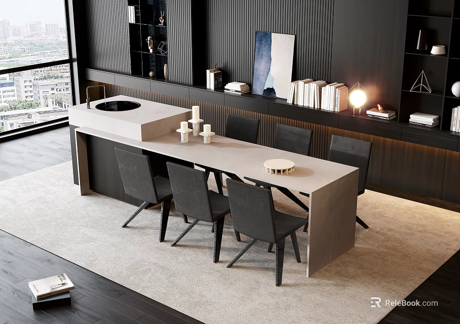 Minimalist Bar Counter With Light Colored Top Black Chairs And City View Through Large Windows 3d model 