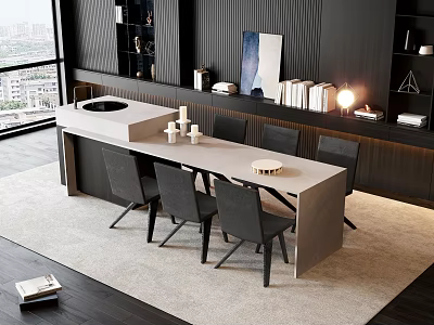Minimalist Bar Counter With Light Colored Top Black Chairs And City View Through Large Windows 3d model