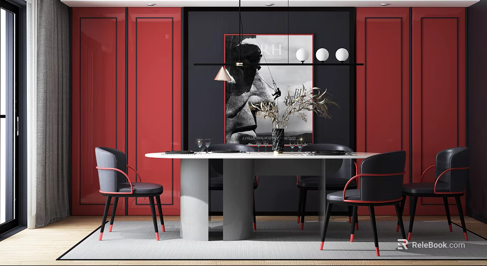 Modern Dining Table Set With Red Walls Black Accent Wall And Black White Artwork 3d model