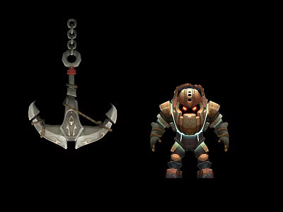 Armored Mechanical Creature With Glowing Red Eyes And Rustic Metal Anchor 3d model