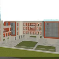 Modern School Building With White Orange Facade Large Windows And Green Lawn Area