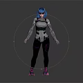 Blue Haired Female Character In Futuristic Armored Suit With Purple Pink Shoes And Tech Design