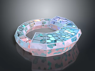 Circular Transparent Structure With Colorful Mosaic Panels And Black Background Reflection 3d model