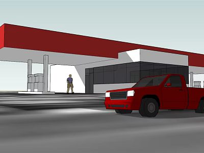 Gas Station Scene with Red Canopy Red Pickup Truck and Person Near Fuel Pump 3d model