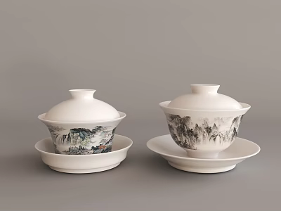 Elegant White Porcelain Tableware Set With Lids Featuring Landscape Patterns And Matching Saucers 3d model