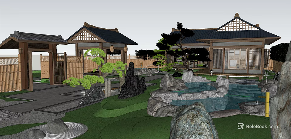 Traditional Japanese Garden Landscape With Pond Rockery Pine Trees And Wooden Pavilion 3d model 